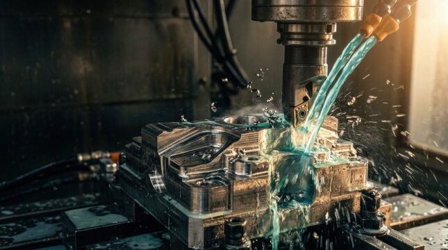 Industrial CNC milling machine cutting a complex metal engine component with blue liquid coolant spray, rotating tool bit, and flying metal shavings in a factory workshop.