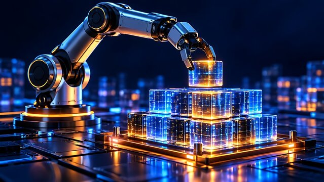 Robotic arm stacking digital data cubes on glowing circuit board platform representing automated infrastructure and system modularity