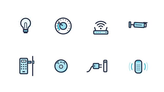 Animated smart home duotone icon set with smart bulb, thermostat, wifi router, security camera, smart lock, robot vacuum, plug and speaker, navy and color on white, shown in a grid then one by one