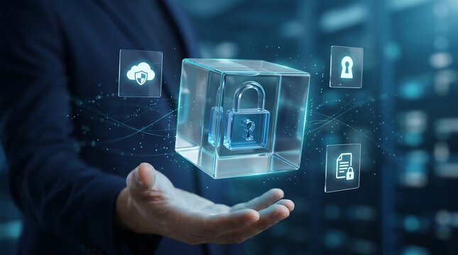 Cybersecurity consultant presenting cloud data security and document encryption protocols through interactive holographic cube interface in modern professional office setting with dark background