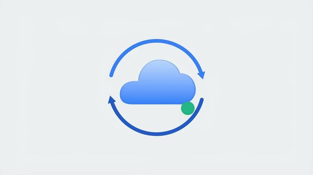 Premium microstock animation showing a document syncing to cloud storage. Clean version without UI controls, scaled up 1.6x, plays once and holds final state. Arrows overlap fixed.