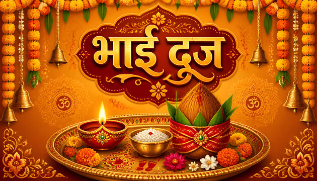 Bhai dooj festival celebration greeting with traditional puja thali and marigold flower decorations on an orange background
