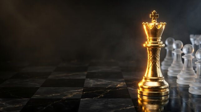 Golden king chess piece standing in front of glass pawns on dark marble board with copy space