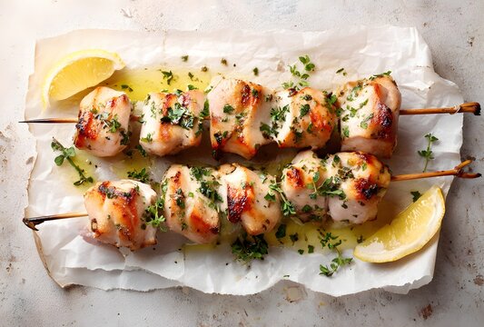 Grilled chicken skewers with fresh herbs and lemon wedges on parchment paper