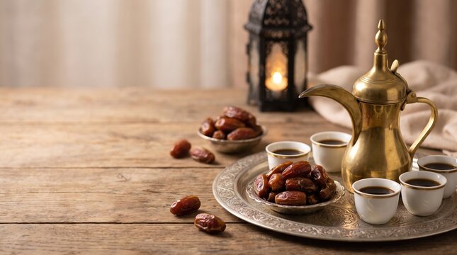 Brass Arabic coffee pot with dates cups and lantern on wooden table