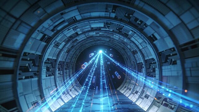 Futuristic digital tunnel moving forward past glowing blue beams and floating cubes, AI-generated