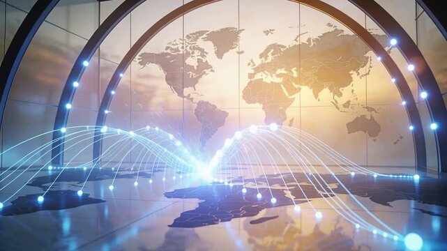 Glowing lines extending from hub across world map in arched structure forming grid, AI-generated