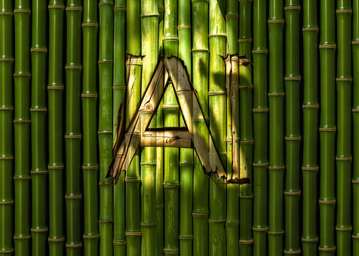 The a letter A made of woven bamboo strips set against a background of dense vertical green bamboo.