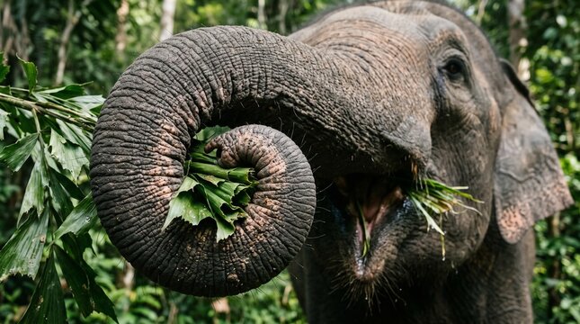 Sri Lankan Elephant Gripping Fresh Fishtail Palm Leaves with Its Trunk