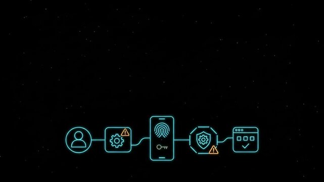 Neon graphic animation of user authentication process and cybersecurity symbols on dark background