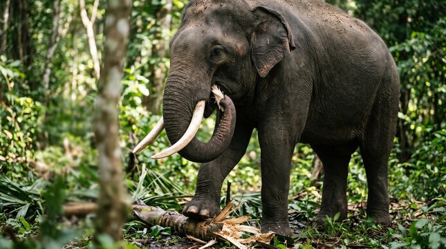 Wild Sri Lankan elephant crushing a fallen fishtail palm trunk with its front foot and gathering fibrous pieces with its trunk to eat in a tropical forest.