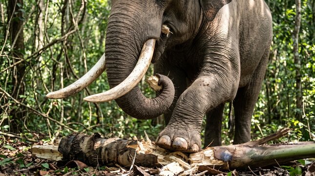 Sri Lankan Elephant Crushing Fishtail Palm Trunk While Feeding in Forest