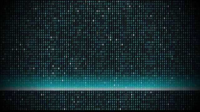 Digital binary code stream with glowing horizontal light lines on a dark background showing abstract data processing technology