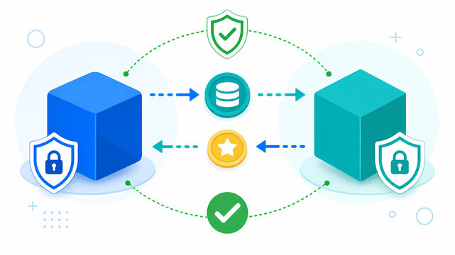 Data Privacy Network With Secure Servers Exchanging Database And Rewards, Protected Connection Concept Illustration
