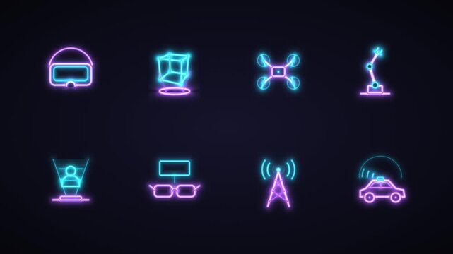Animated VR neon line icon set with VR headset, hologram cube, drone, robot arm, projector, AR glasses, signal tower and self driving car, glowing on black, shown in a grid then one by one