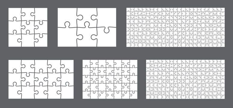 White detailed various shapes puzzle grid outline overlay pack. Jigsaw puzzle blank template. 3x3, 3x2, 25x10, 5x3, 7x5, 20x10 shapes. 9, 6, 250, 15, 35, 200 pieces. Match puzzle elements. Vector png