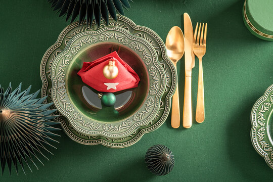 Flat Lay Green Christmas Table Place Setting