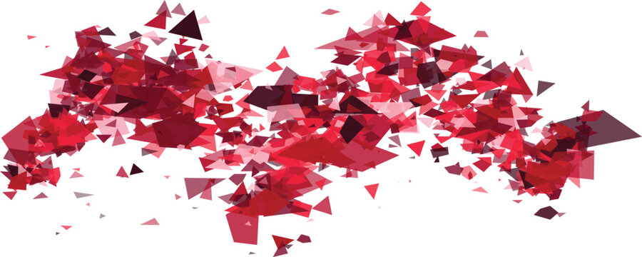 Explosion of red geometric fragments in motion against a clean white background with selective focus