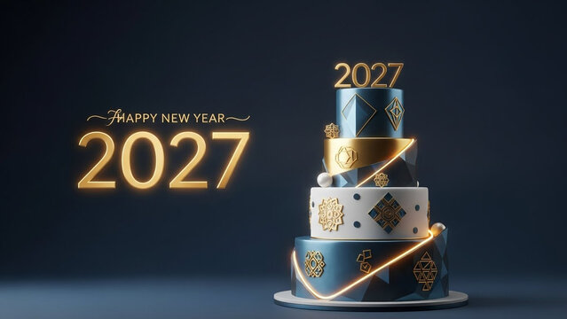 Happy New Year 2027 golden text beside a tiered blue and white cake decorated with geometric ornaments and glowing lights on a dark background for festive holiday celebration greeting