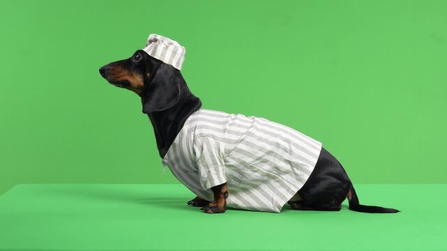 A black and tan dachshund dog in a striped prisoner shirt and cap walks onto a table, then stops, a concept of crime and costume humor against a green screen.