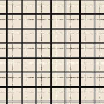 Classic beige plaid pattern with black lines and dashed stitching for textile and fabric design backgrounds