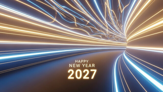 Happy New Year 2027 text glowing in a futuristic tunnel with bright blue and gold light streaks moving fast through a dark digital space for celebration and holiday greeting cards