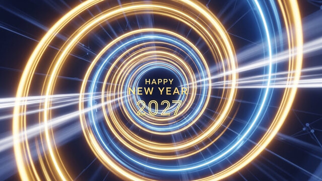 Happy New Year 2027 text with glowing golden and blue light trails forming a dynamic spiral tunnel effect on a dark background for festive holiday celebration and digital motion graphics