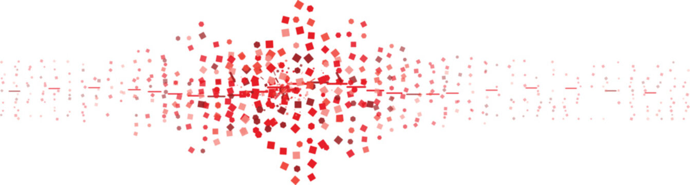 Abstract red and white particle explosion on white background with subtle wave pattern for digital concepts