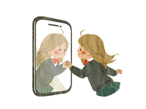スマートフォンに映る自分と手を合わせて向き合う女子生徒-ガッシュ