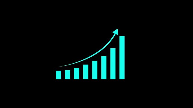 Animated cyan bar chart graph showing exponential business growth and financial success with rising arrow trend line isolated on a clean black background, for corporate presentations