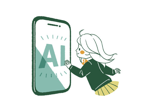 スマートフォンのAI画面に手を伸ばす女子高生