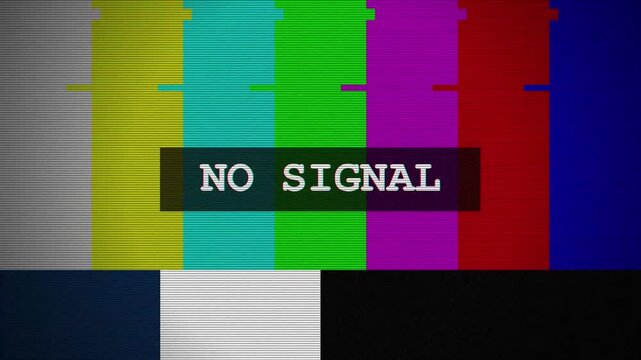 Seamlessly looping analog television test pattern with digital signal noise and glitch distortion motion graphics background 4K animation