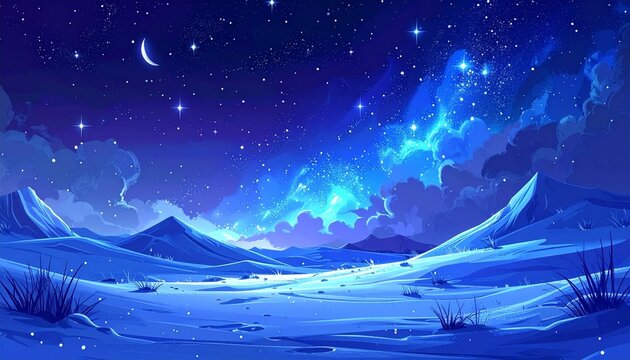 Ethereal cosmic nightscape illuminating a serene winter landscape, where snow-covered mountains meet a dazzling, star-filled blue and purple sky, creating an enchanting dreamlike panorama