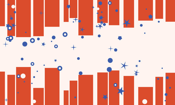 Red and blue abstract geometric shapes on a light background with scattered stars and circles for graphic design