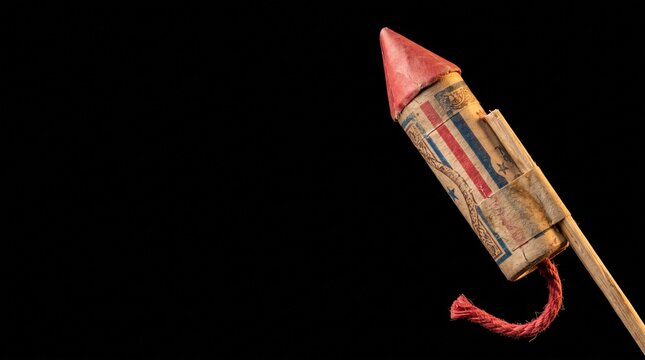 Vintage firework rocket with patriotic wrapper and red fuse isolated against a black background with copy space