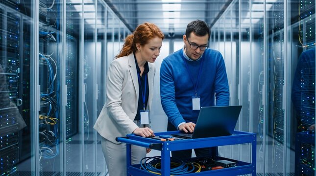 Data center technicians inspecting servers using laptop device.