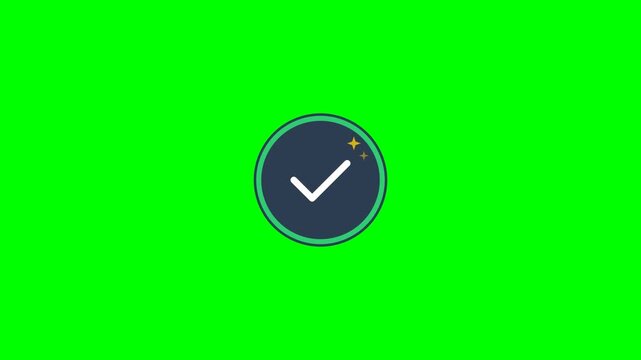 Animated success verification icon featuring a white tick mark appearing inside a dark circular button with sparkling yellow stars on a green screen background for easy chroma keying.