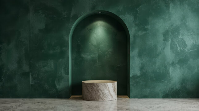 Emerald green alcove with curved arch and stone pedestal creates serene minimalist interior