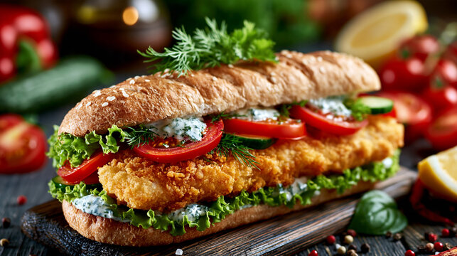 Fresh fish fillet sandwich with crunchy bread and sliced vegetables on wooden board
