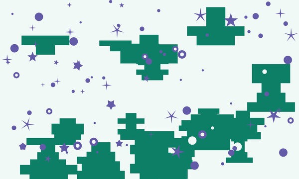 Green pixelated shapes and purple stars floating on a light blue background with subtle confetti