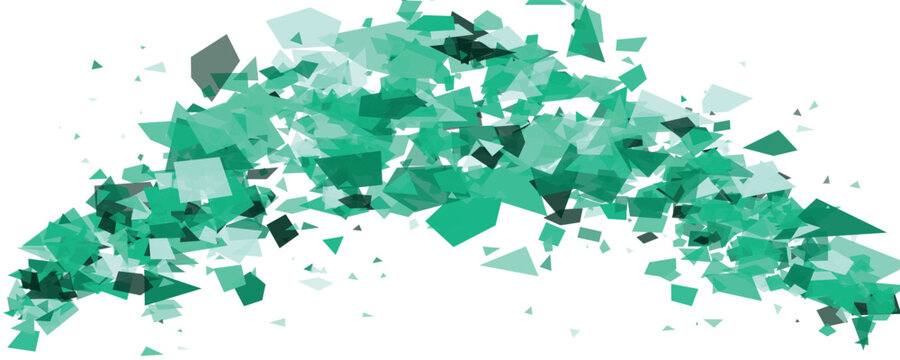 Green geometric shards exploding outwards against a clean white background with soft diffused light