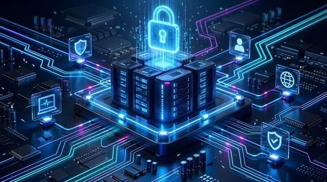 Futuristic digital security padlock hologram glowing above a server processor on a motherboard with neon blue circuit lines, representing data protection, cyber security, and cloud encryption.