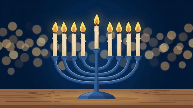 Happy Hanukkah menorah jewish festival of lights blue glowing candles wooden table bokeh background loop animation
