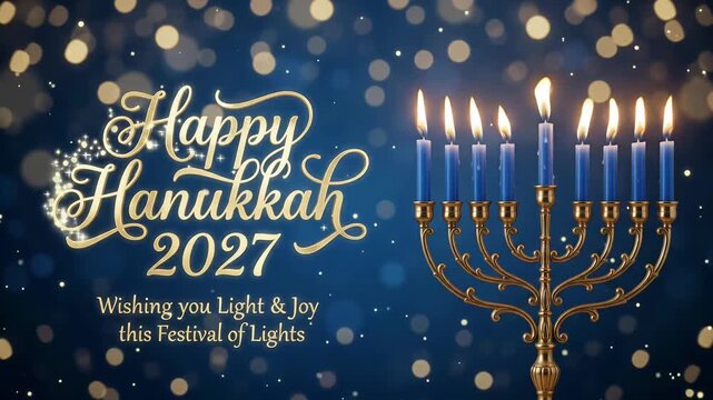 Happy Hanukkah 2027 wishing you light and joy festival of lights golden menorah blue candles bokeh loop background
