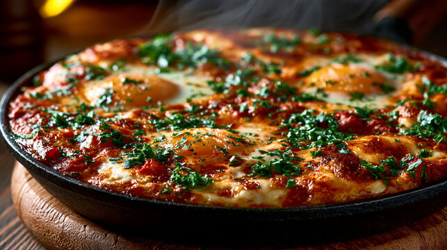 Shakshuka eggs poached in spicy tomato sauce served in a black cast iron pan