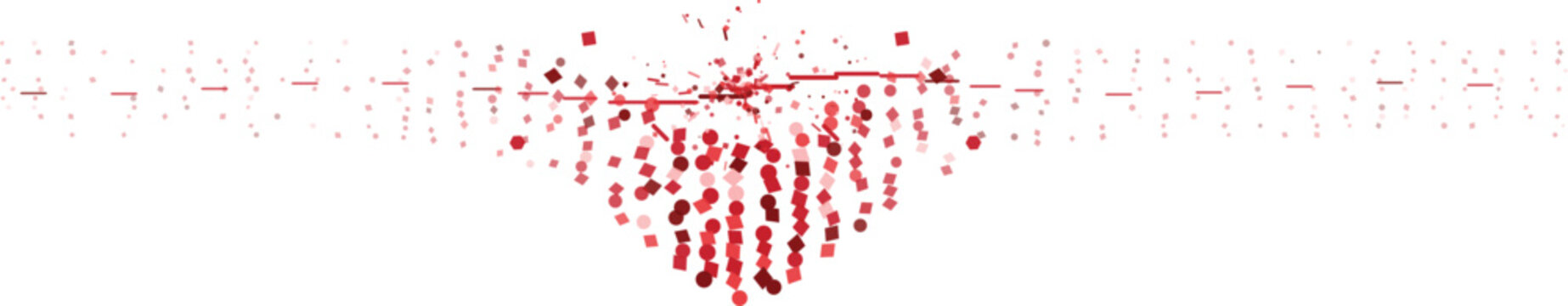 Abstract red particles forming a heart shape during a digital explosion against a clean white background concept