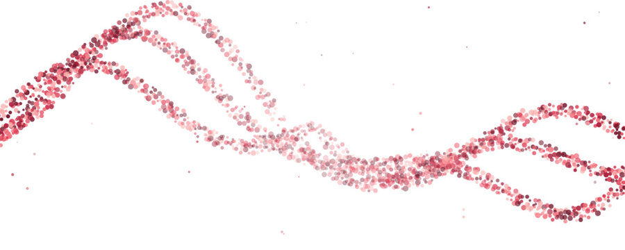 Pink glitter particles forming a wave against a clean white background with selective focus
