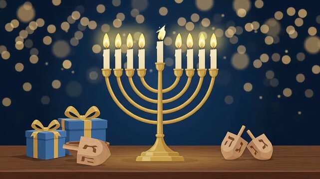 Happy Hanukkah menorah dreidel jewish festival of lights blue gifts golden bokeh background loop animation
