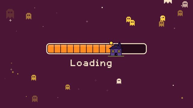 Pixel art Halloween loading bar with haunted house and floating ghosts on purple background animation