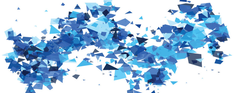 Abstract blue geometric fragments exploding in a wave against a white background during daylight